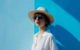 Fashionable woman in a wide-brimmed hat and sunglasses stands against a vibrant blue background.